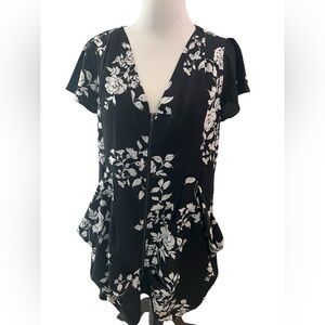 City Chic Black & White Floral Zip Front Blouse
